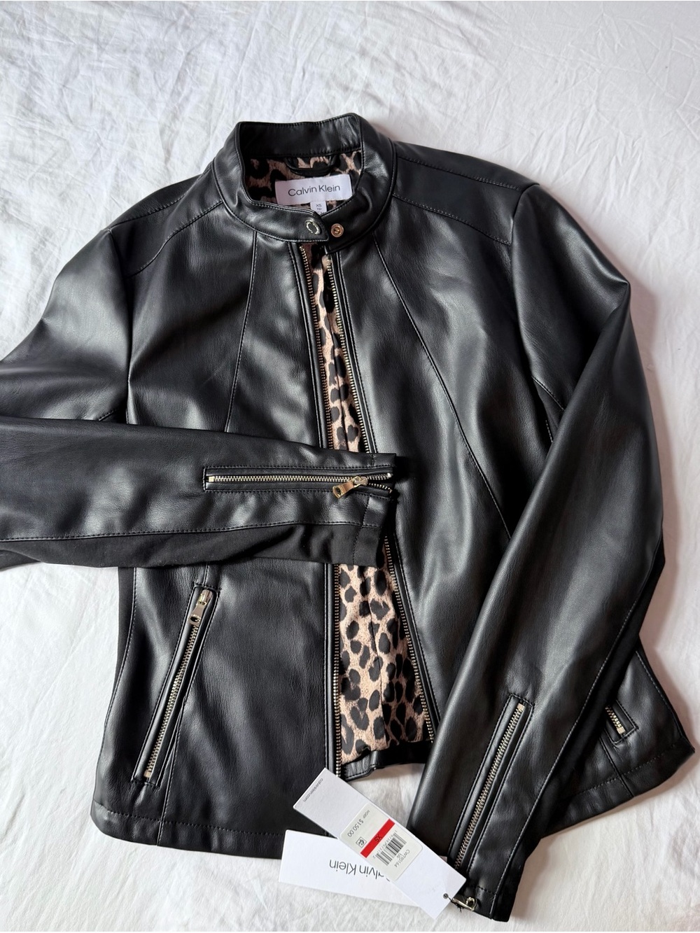 Calvin Klein Black Faux Leather Jacket with Leopard Trim